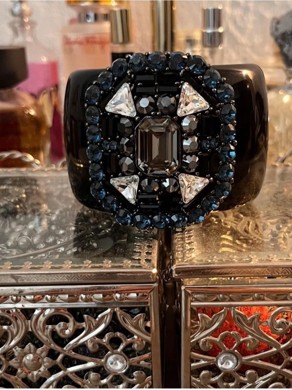 Aldo Black Resin Cuff Bracelet with Blue and Clear Crystal Accents